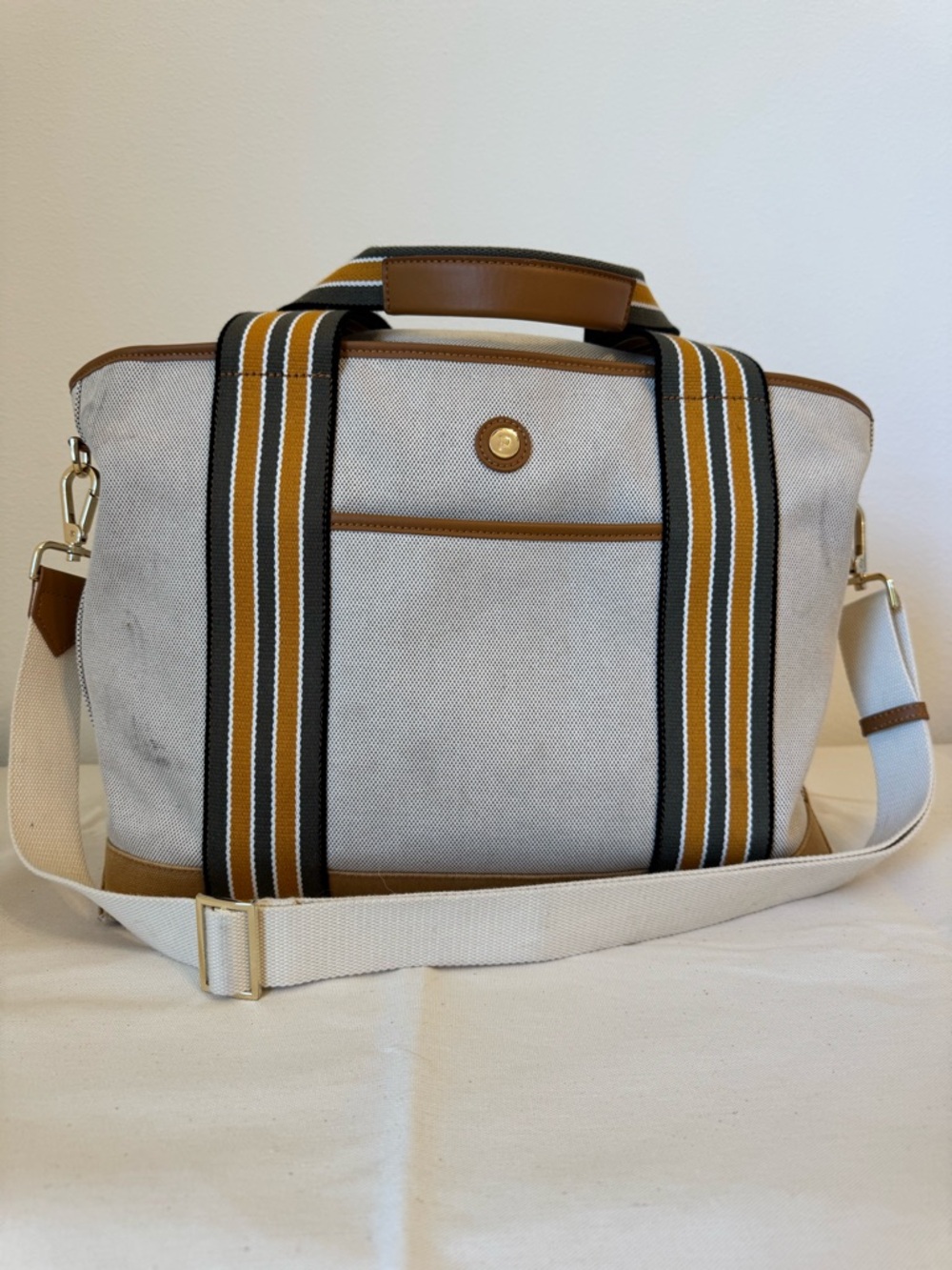 Canvas Tote Bag in Cream with Brown Trim and Striped Straps